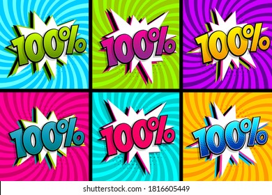 Conjunto de calidad de texto de historietas 100%. Burbuja de habla coloreada sobre fondo radial. La colección de ofertas de boom de la explosión de libros de historietas. Vintage radial de semitono. Promo venta poster del cien por ciento