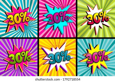 Comic text 30 percent sale set discount. Colored speech bubble on radial background. Comics book explosion wow boom offer collection. Halftone radial vintage backdrop. Promo sale thirty percent poster