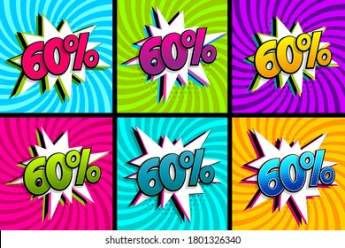 Comic text 60 percent sale set discount. Colored speech bubble on radial background. Comics book explosion wow boom offer collection. Halftone radial vintage. Promo sale sixty percent poster