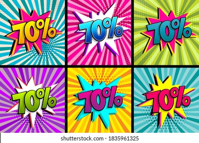 Comic text 70 percent quality set. Colored speech bubble on radial background. Comics book explosion wow boom offer collection. Halftone radial vintage. Promo sale seventy percent poster