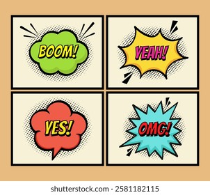 Comic text boxes. Colorful dialogue speech bubbles. Yeah, yes, omg, boom. Vector illustration set.