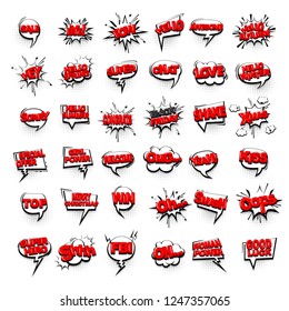 Comic text collection sound effects pop art style. Set vector speech bubble with word and short phrase cartoon expression illustration. Comics book red colored background template.