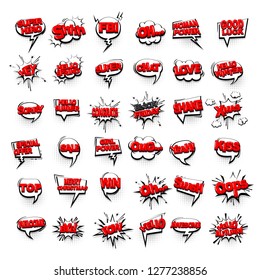 Comic text collection sound effects pop art style. Set vector speech bubble with word and short phrase cartoon expression illustration. Comics book red colored background template.