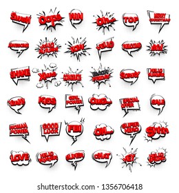 Comic text collection sound effects pop art style. Set vector speech bubble with word and short phrase cartoon expression illustration. Comics book red colored background template.