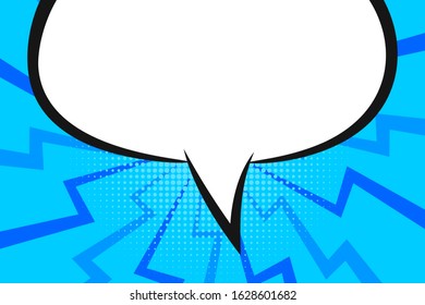 Comic text empty speech bubble banner, blue strip radial halftone background. Comic text poster and sticker for quote pop art style. Explosion speech bubble burst design for text.