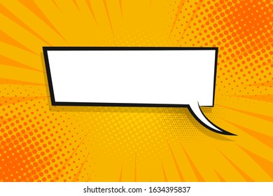 Comic text empty speech bubble banner, yellow strip radial halftone background. Comic text poster and sticker for quote pop art style. Explosion speech bubble burst design for text.