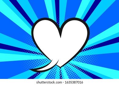 Comic text empty speech bubble banner, blue strip radial halftone background. Comic text poster and sticker for quote pop art style. Explosion speech bubble burst design for text.