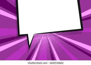 Comic text empty speech bubble banner, lilac strip radial halftone background. Comic text poster and sticker for quote pop art style. Explosion speech bubble burst design for text.