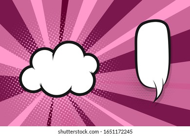 Comic text empty speech bubble banner, pink strip radial halftone background. Comic text poster and sticker for quote pop art style. Explosion speech bubble burst design for text.