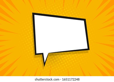 Comic text empty speech bubble banner, yellow strip radial halftone background. Comic text poster and sticker for quote pop art style. Explosion speech bubble burst design for text.