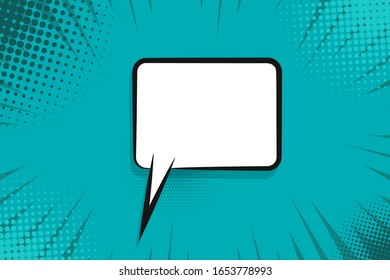 Comic text empty speech bubble banner, green strip radial halftone background. Comic text poster and sticker for quote pop art style. Explosion speech bubble burst design for text.