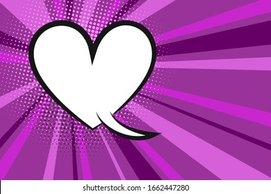 Comic text empty speech bubble banner, lilac strip radial halftone background. Comic text poster and sticker for quote pop art style. Explosion speech bubble burst design for text.