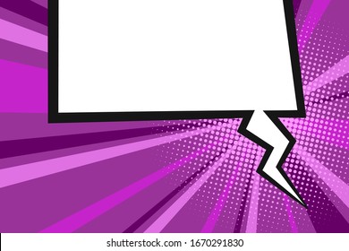 Comic text empty speech bubble banner, lilac strip radial halftone background. Comic text poster and sticker for quote pop art style. Explosion speech bubble burst design for text.
