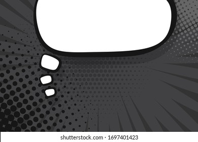 Comic text empty speech bubble banner, black strip radial halftone background. Comic text poster and sticker for quote pop art style. Explosion speech bubble burst design for text.