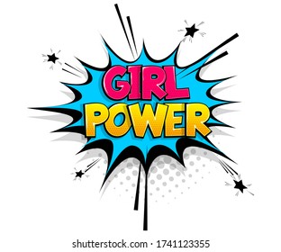 Texto cómico Girl Power sobre la burbuja del discurso dibujos animados estilo arte pop. El tono medio colorido habla del fondo de la nube de burbujas. Plantilla de etiqueta de chat de humor retro. Etiqueta de icono de texto cómico.