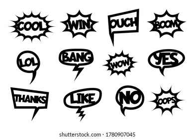 Comic text laser cut photo booth. Vector black silhouette isolated on white background. Comic cartoon speech bubble set. Wow, boom, bang, oops funny phrases pop art style.