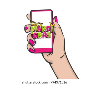 Comic text pop art. Vector halftone background illustration. Woman hold hand touch screen smartphone. Sale advertisement poster banner. Mardi Gras - Fat Tuesday festival carnival French mask.