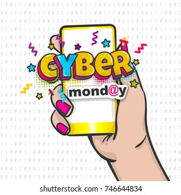 Comic text shop computer sale message. Popart kitsch female design vector illustration speech bubble vintage colored box. Cyber Monday advertise smartphone logo banner. Woman hand pop art hold phone.