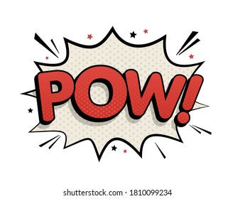 Pow de efecto de sonido de texto cómico. Ilustración de mensajes de dibujos animados brillantes en estilo retro de arte pop.