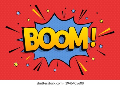 Comic text sound effects. Boom. Vector bright cartoon illustration in pop-art style on red background.