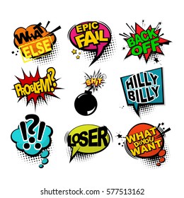 Comic text sound effects. Bubble icon speech phrase. Cartoon exclusive font label tag expression. Sounds vector illustration. Comics book balloon. Aggressive lettering comic text collection.