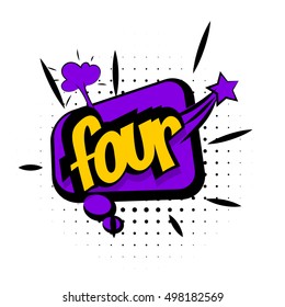 Comic text sound effects pop art vector style numbers. Sound bubble speech word number cartoon expression sounds illustration. Lettering bang. Comics book purple background template