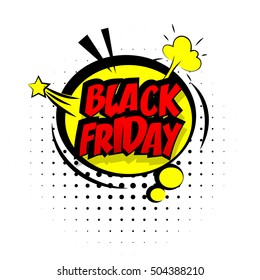 Comic text sound effects pop art vector style. Sound bubble speech word cartoon expression sounds illustration. Lettering black friday, discount. Comics book yellow background template.