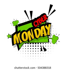Comic text sound effects pop art vector style. Sound bubble speech with word and comic cartoon expression sounds illustration. Lettering cyber monday, discount. Comics book green background template.