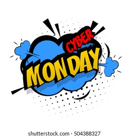 Comic text sound effects pop art vector style. Bubble speech word cartoon expression sounds illustration. Lettering cyber monday, discount. Comics book blue background template.