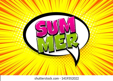 Comic text speech bubble pop art style. Cloud talk speech bubble radial background. Isolated speech bubble talk silhouette with text summer. Text comics design elements web sms message chat.