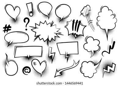 Comic Text Speech Bubble Pop Art Style. Set Of White Cloud Talk Speech Bubble. Isolated White Speech Bubble Talk Silhouette For Text. Text Comics Design Elements For Web Sms Message Chat.