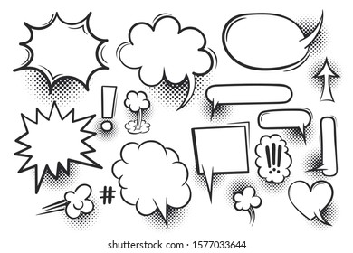 Comic text speech bubble pop art style halftone background. Set white cloud talk speech bubble. Isolated white speech bubble talk silhouette for text. Text comics design elements web sms message chat