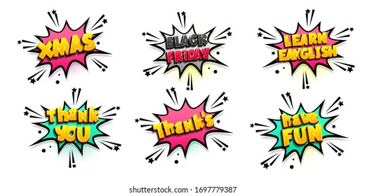 Comic text speech bubble in retro pop art style. Halftone background talk chat retro speak message. Comic speech bubbles set different emotions and text learn english, black riday, xmas, thank you