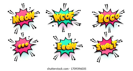 Comic text speech bubble in retro pop art style. Halftone background talk chat retro speak message. Comic speech bubbles set with different emotions and text meow, woof, boo, eew, sweet