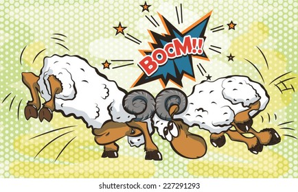 Comic text, style of Pop art. Fight of rams. Animation rams hit foreheads: BOOM