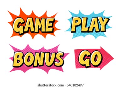 Comic text vector icons. Lettering such as Game, Play, Go, Bonus