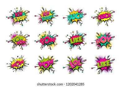 Comic text WOW, boom, bang collection sound effects pop art style. Set vector speech bubble with word phrase cartoon expression illustration. Comics book colored background template.