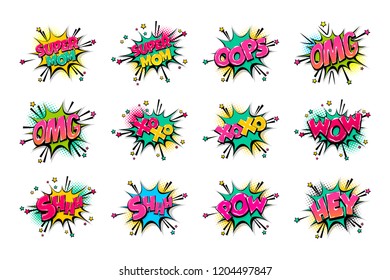 Comic text WOW, boom, bang collection sound effects pop art style. Set vector speech bubble with word phrase cartoon expression illustration. Comics book colored background template.
