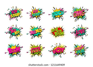 Comic text WOW, boom, bang collection sound effects pop art style. Set vector speech bubble with word phrase cartoon expression illustration. Comics book colored background template.