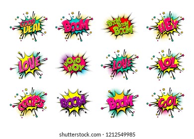 Comic text WOW, boom, bang collection sound effects pop art style. Set vector speech bubble with word phrase cartoon expression illustration. Comics book colored background template.