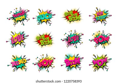 Comic text WOW, boom, bang collection sound effects pop art style. Set vector speech bubble with word phrase cartoon expression illustration. Comics book colored background template.