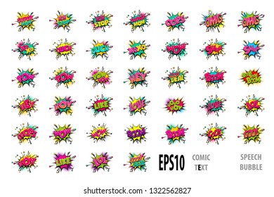 Comic text WOW, boom, bang collection sound effects pop art style. Set vector speech bubble with word phrase cartoon expression illustration. Comics book colored background template.