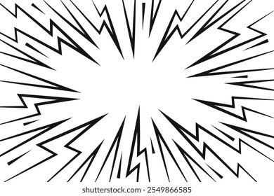 Efecto de trueno cómico sobre fondo blanco. Relámpago de dibujos animados y líneas de energía flash. Gráfico de Vector de anime de ráfaga. Energía Abstractas y explosión