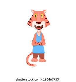 Comic tiger in clothes cartoon character flat style, mascot for the year of the tiger