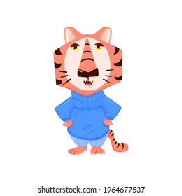 Tigre cómico en ropa caricatura personaje de estilo plano, mascota para el año del tigre
