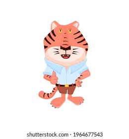 Comic tiger in clothes cartoon character flat style, mascot for the year of the tiger