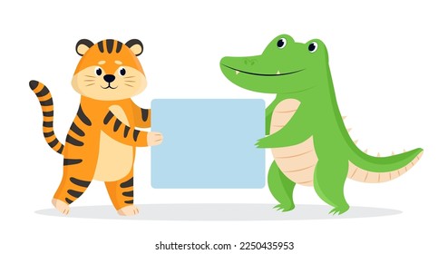 Comic tiger and crocodile with blue banner vector illustration. Cartoon drawing of wild animal characters holding blank announcement on white background. Information, promotion, advertising concept