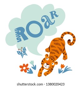 Comic tiger doing yoga hand drawn flat color illustration. Roar lettering quote. Cute african animal cartoon character. Funny Poster, banner, shirt design on white isolated background.