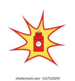 comic tnt detonator with timer symbol. retro flat style for web, mobile apps, games. explosive red dynamite sticks with clock and wires. concept outburst, flare isolated on a white background