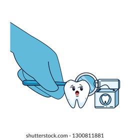 comic tooth with dentist hand using mirror